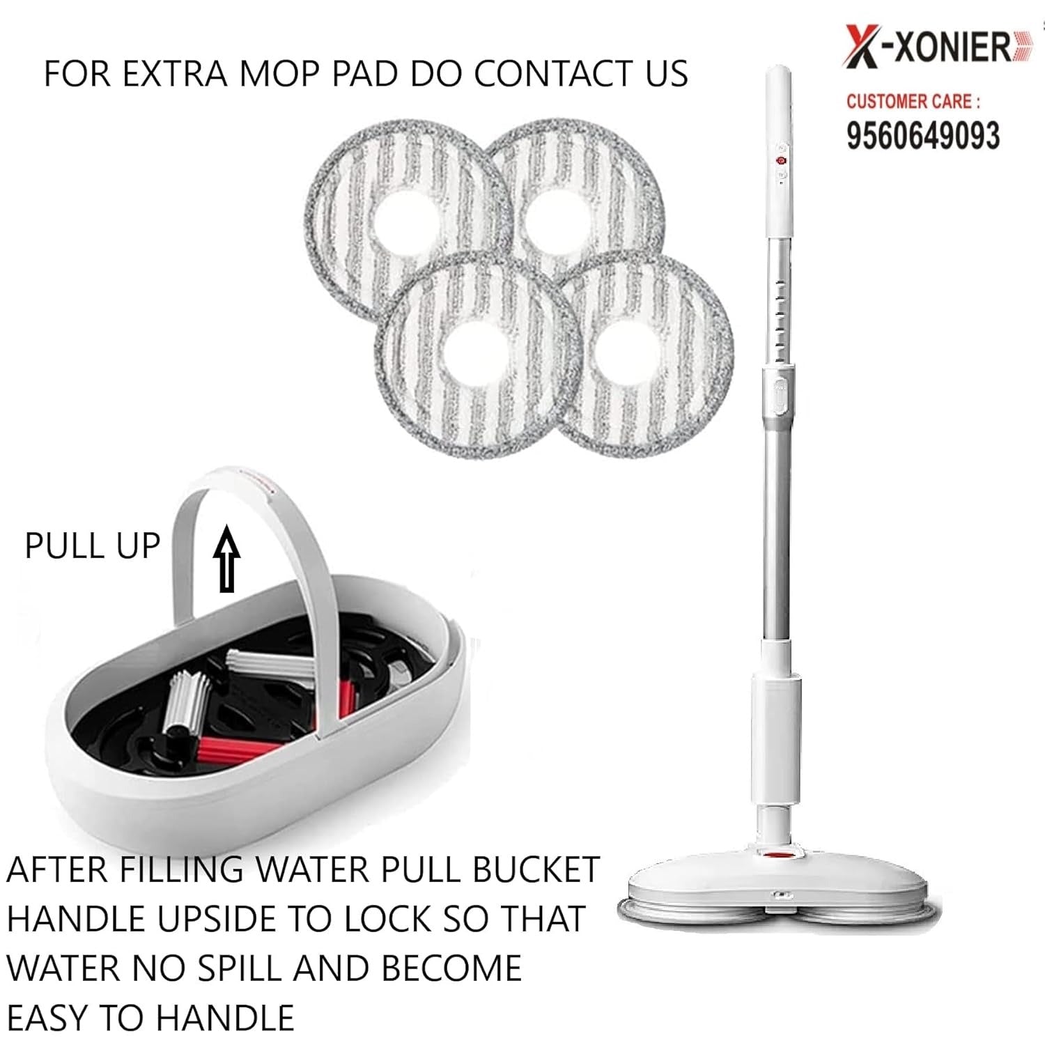 X-XONIER Smart Spin Electric Mop with Bucket & Dual Pad, Power Cleaning, Self Wash and Dry, Remote Operation, (White)
