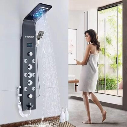 X-XONIER 304 Grade Stainless Steel Shower Panel 6 in 1 Shower System Handshower with Waterfall Outlet Tub Spout Body Massage Spray With Hot &cold Mixer Black