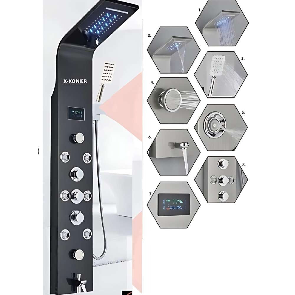 Stainless Steel 304 Grade Thermostatic Shower Panel 8in1+3 Ways Extra Large HandShower set,Health Faucet With LED Rainfall, Waterfall, Body Massager, 6 Mist Spray Temp. Display  (9001)