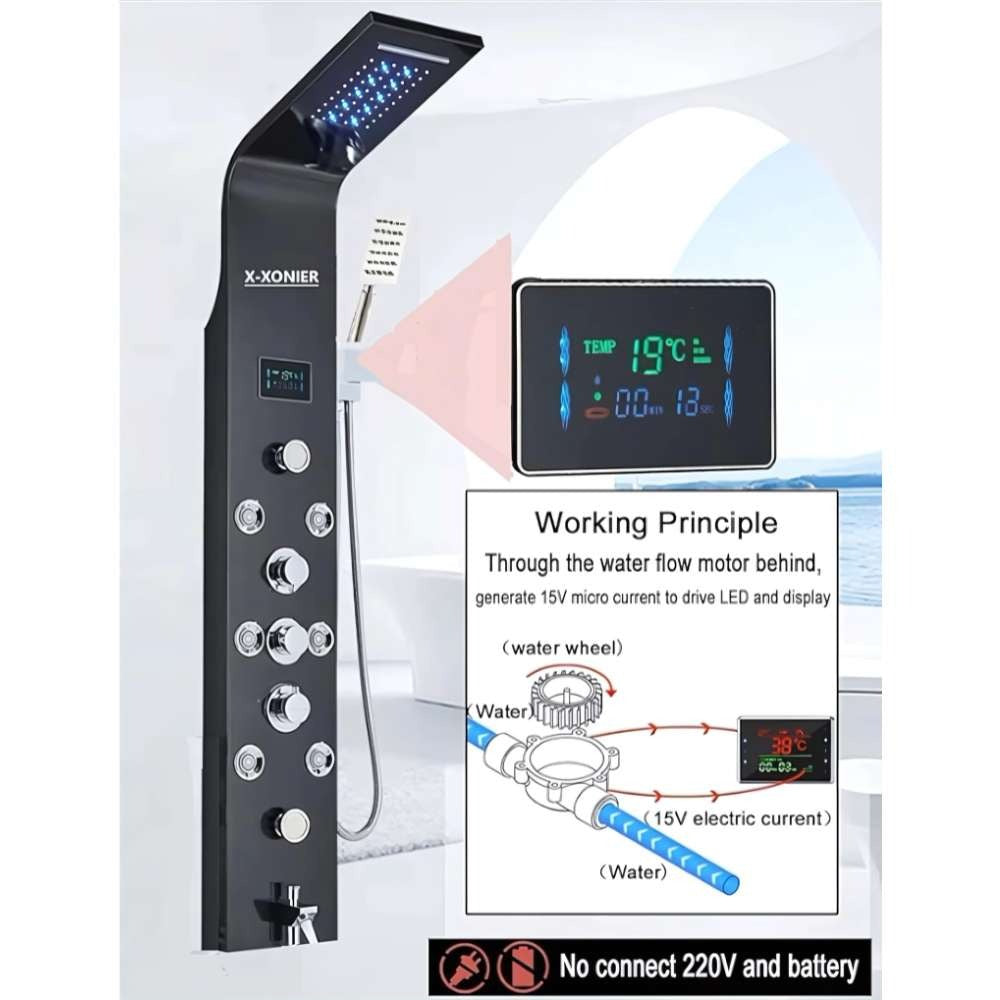 Stainless Steel 304 Grade Thermostatic Shower Panel 8in1+3 Ways Extra Large HandShower set,Health Faucet With LED Rainfall, Waterfall, Body Massager, 6 Mist Spray Temp. Display  (9001)