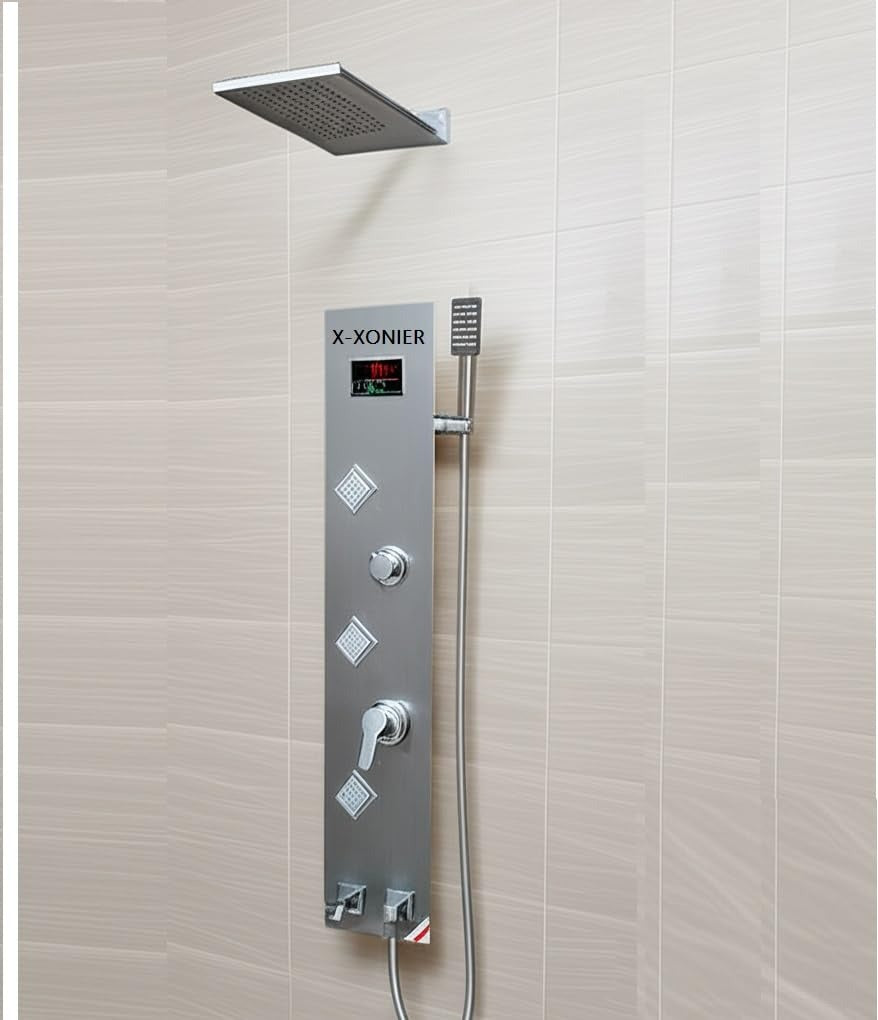 X-XONIER 304 SS Shower Panel 6-in-1 Tower, Rainfall, Waterfall, Massage Spray, Temp Display, Silver (8006 2 part)