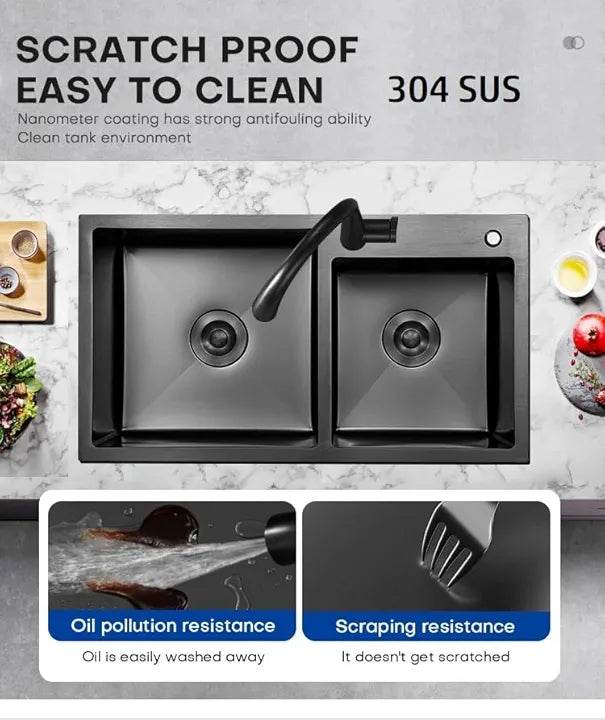X-XONIER 304 Double Bowl Sink with Pull-down Faucet, Soap Dispenser & Tray, Nano Coating (SN01)