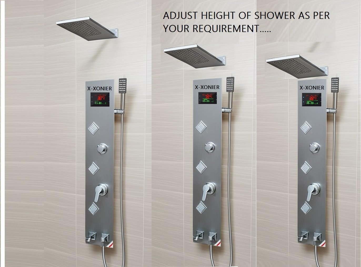 X-XONIER 304 SS Shower Panel 6-in-1 Tower, Rainfall, Waterfall, Massage Spray, Temp Display, Silver (8006 2 part)