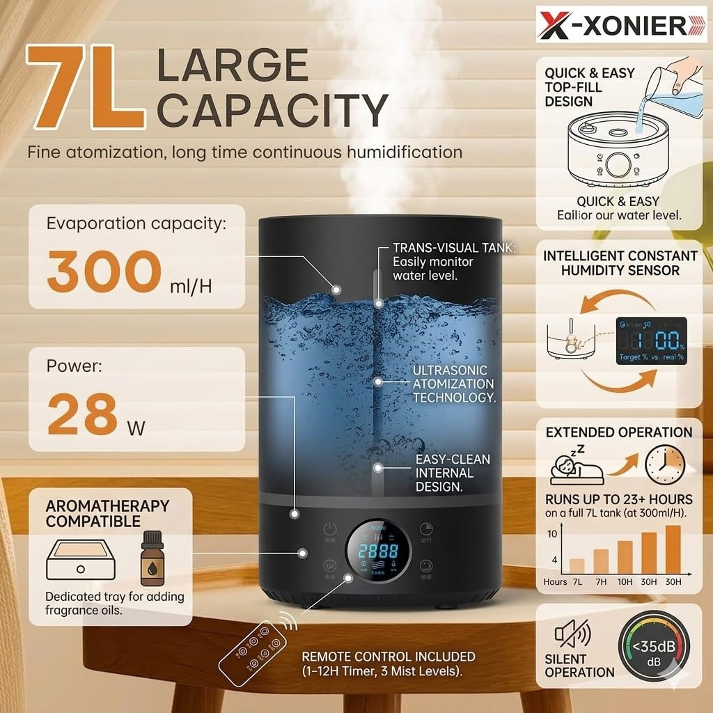 X-XONIER Cool Mist Ultrasonic Humidifier | 7 L Black