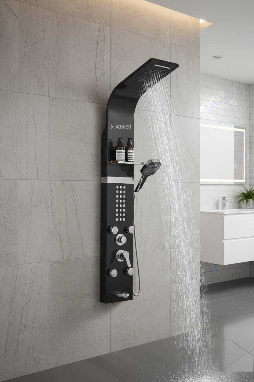 X-XONIER 304 Grade Stainless Steel Shower Panel 6 in 1 Shower System Handshower with Waterfall Outlet Tub Spout Body Massage Spray With Hot &cold Mixer Black