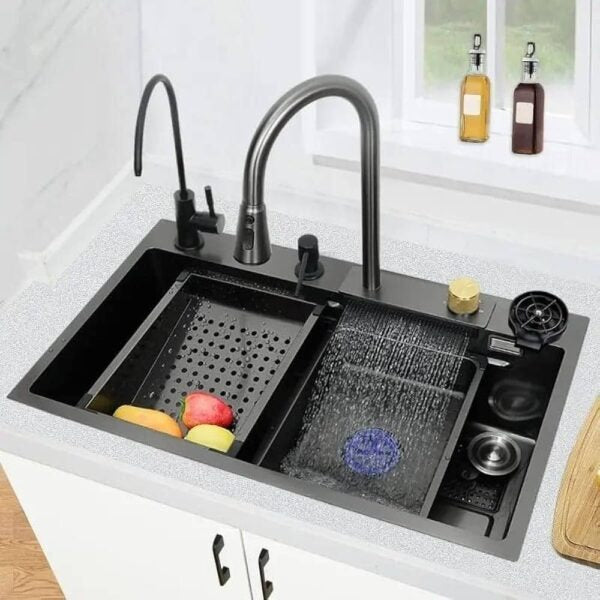 X-XONIER 304 Double Bowl Sink with Pull-down Faucet, Soap Dispenser & Tray, Nano Coating (SN01)