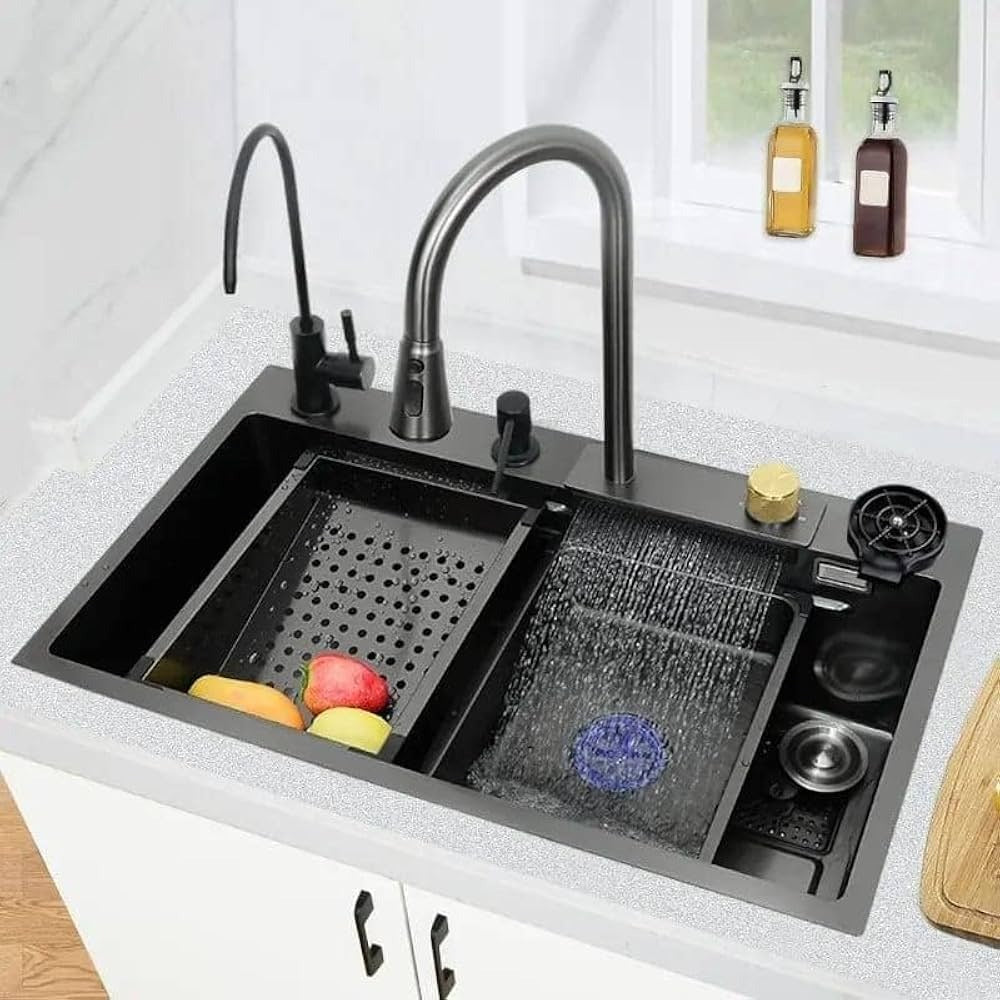 X-XONIER 304 Double Bowl Sink with Pull-down Faucet, Soap Dispenser & Tray, Nano Coating (SN01)
