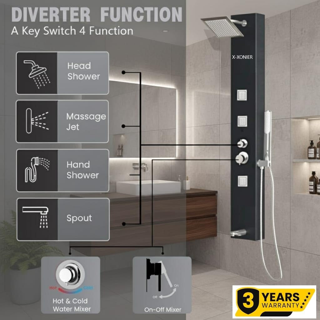 SUS 304 Stainless Steel Thermostatic Shower Panel – Multi-Function Rainfall, Waterfall & Body Jet System (8005)