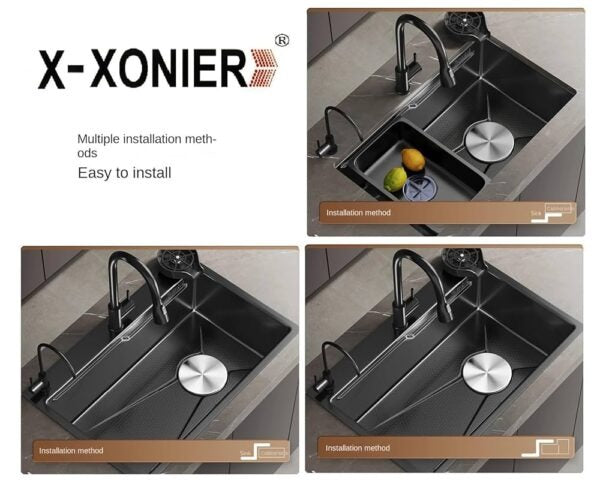 X-XONIER 304 Double Bowl Sink with Pull-down Faucet, Soap Dispenser & Tray, Nano Coating (SN01)