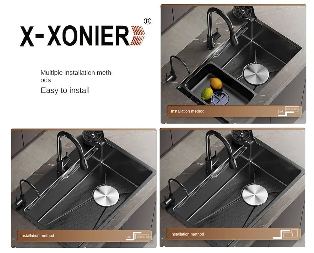 X-XONIER 304 Double Bowl Sink with Pull-down Faucet, Soap Dispenser & Tray, Nano Coating (SN01)